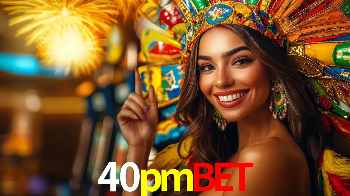 Mulher sorridente com um cocar de carnaval vibrante e colorido, celebrando uma grande vitória nos jogos do cassino 40pmbet com fogos de artifício ao fundo.