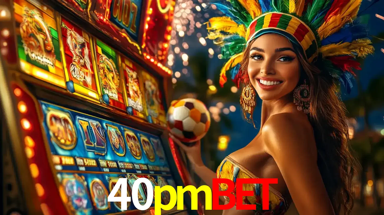 Mulher com um cocar de carnaval ao lado de uma máquina de caça-níqueis enquanto segura uma bola de futebol, mostrando a união da diversão de cassino e esportes no 40pmbet.