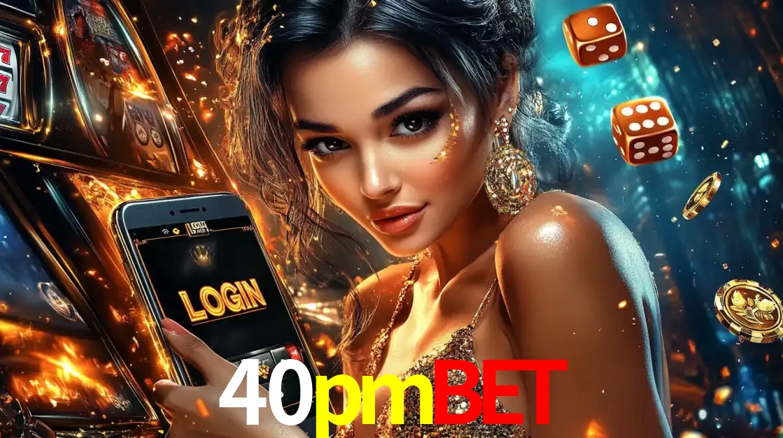 Mulher glamourosa segurando um celular com a tela de login do cassino 40pmbet, rodeada por dados e moedas douradas, pronta para começar a diversão.