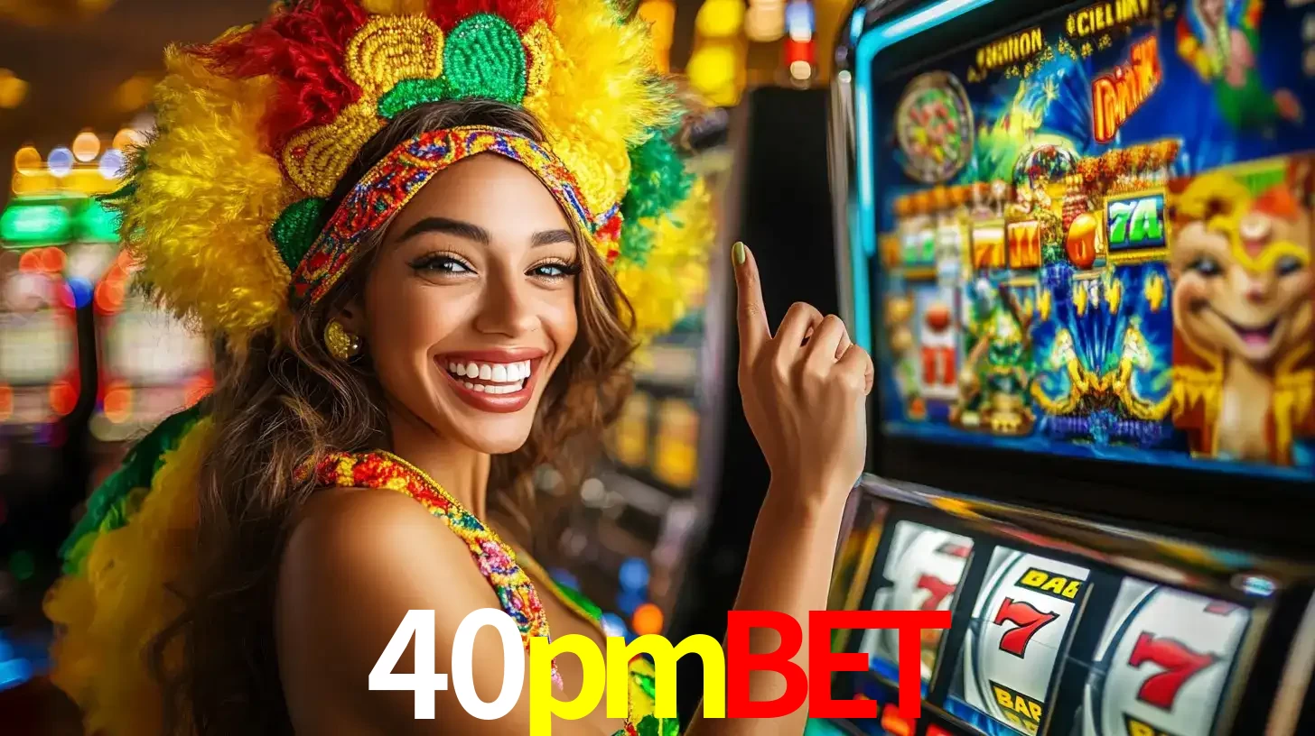 Mulher animada com um cocar de carnaval apontando para uma máquina de caça-níqueis, mostrando a emoção de ganhar um grande prêmio nos jogos do 40pmbet.