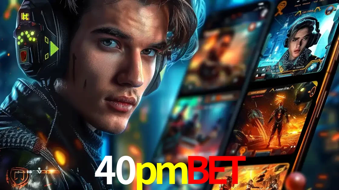 Jovem jogador com fones de ouvido olhando para a câmera, com um aplicativo de jogos e e-sports para celular ao fundo, pronto para a competição e apostas no 40pmbet.