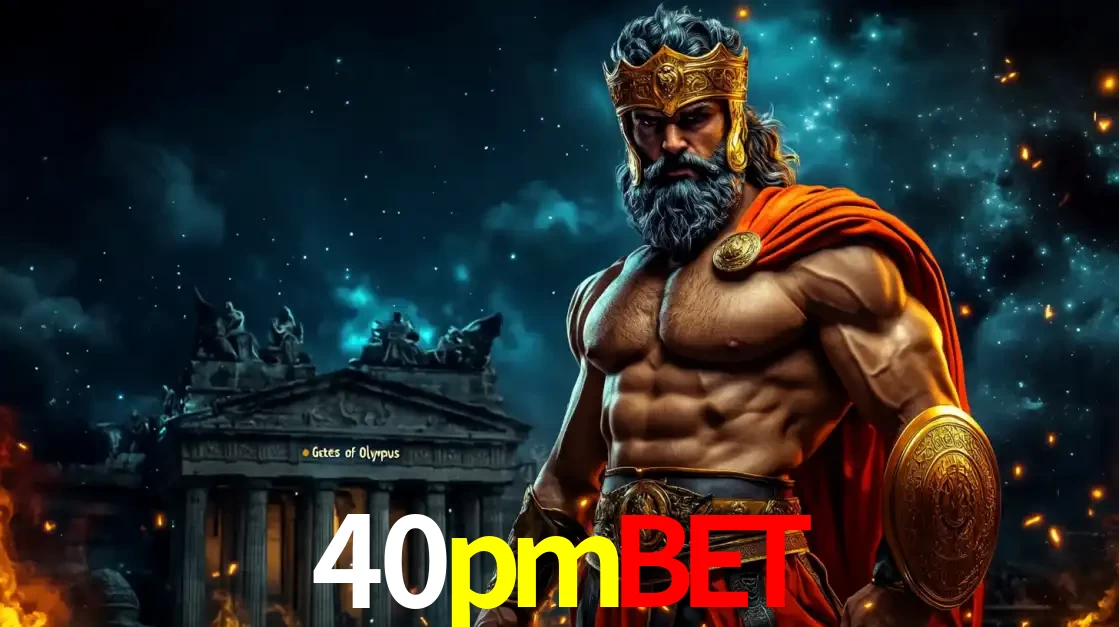 O poderoso Zeus do jogo de slot Gates of Olympus em frente ao seu templo, pronto para lançar multiplicadores divinos e prêmios épicos no cassino online 40pmbet.
