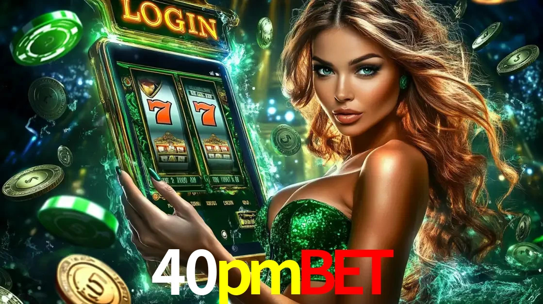 Mulher com tema verde apresentando o aplicativo do cassino 40pmbet com um jogo de slot de 777, cercada por fichas de cassino e uma aura de sorte.
