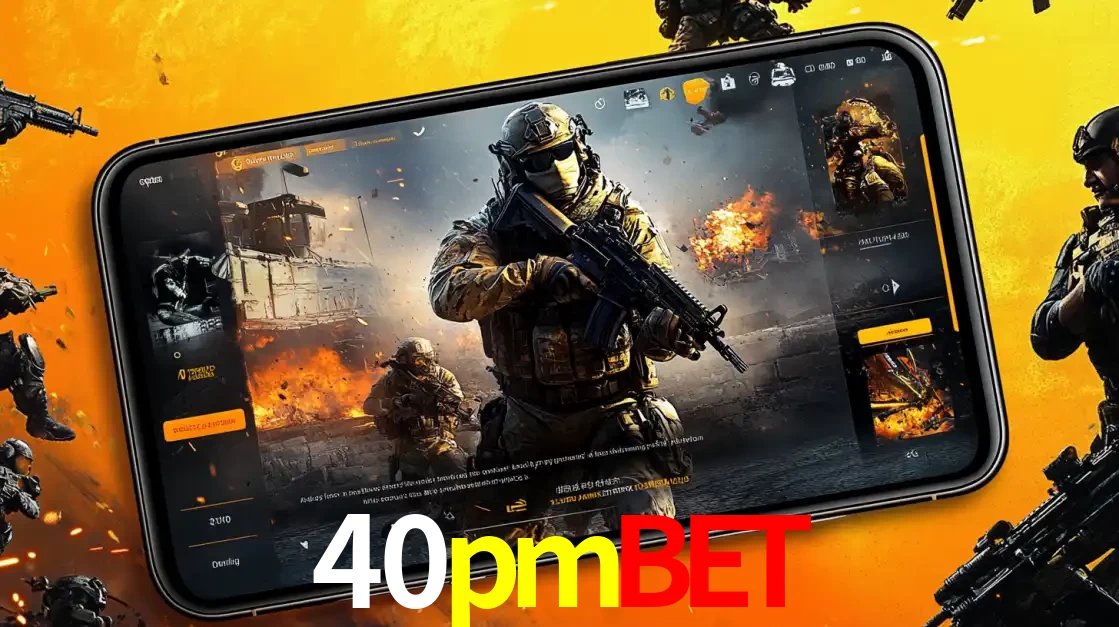 Um smartphone exibindo a interface de um jogo de tiro em primeira pessoa, com um soldado em um cenário de batalha, representando a ação dos e-sports para apostar no 40pmbet.