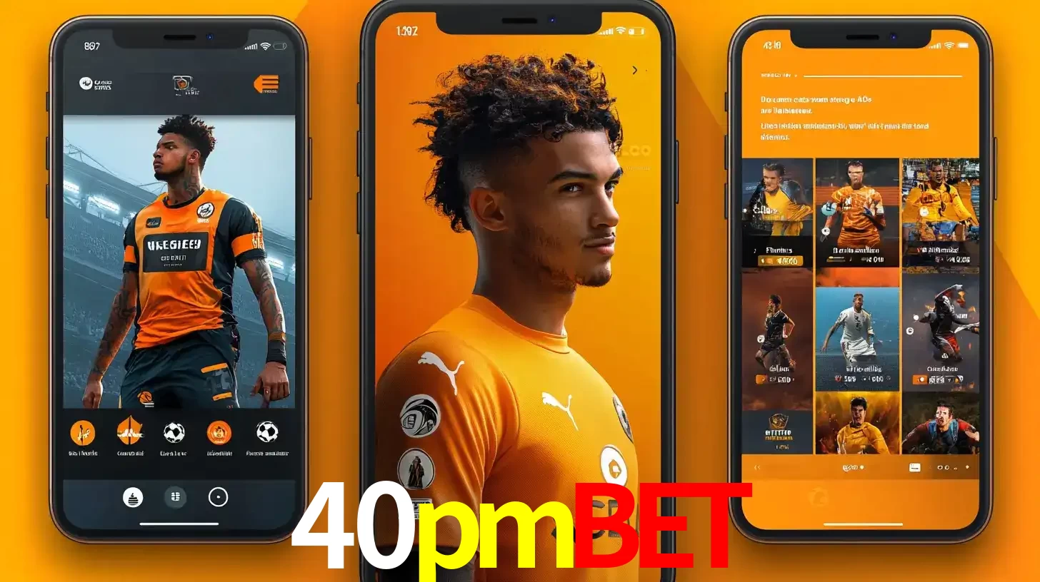 Interface do aplicativo de apostas esportivas 40pmbet em três telas de celular, mostrando o perfil de um jogador de futebol e a lista de jogos disponíveis para apostar.