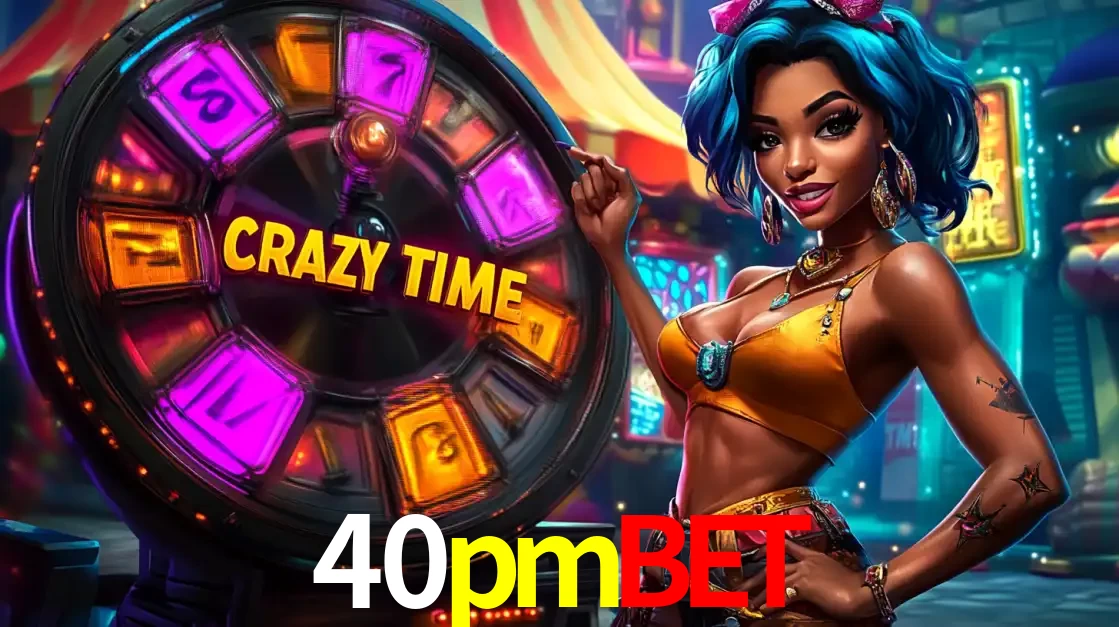 Mulher estilizada com cabelo azul e visual vibrante posando ao lado da roda de prêmios do game show Crazy Time, convidando para a diversão e os bônus do cassino 40pmbet.