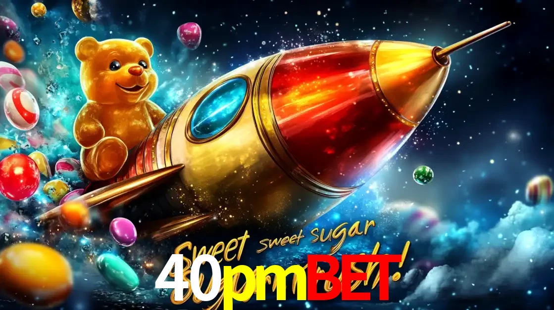 Arte promocional do jogo de slot Sugar Rush, com um urso de pelúcia em um foguete viajando pelo espaço de doces, um dos jogos divertidos disponíveis no cassino 40pmbet.