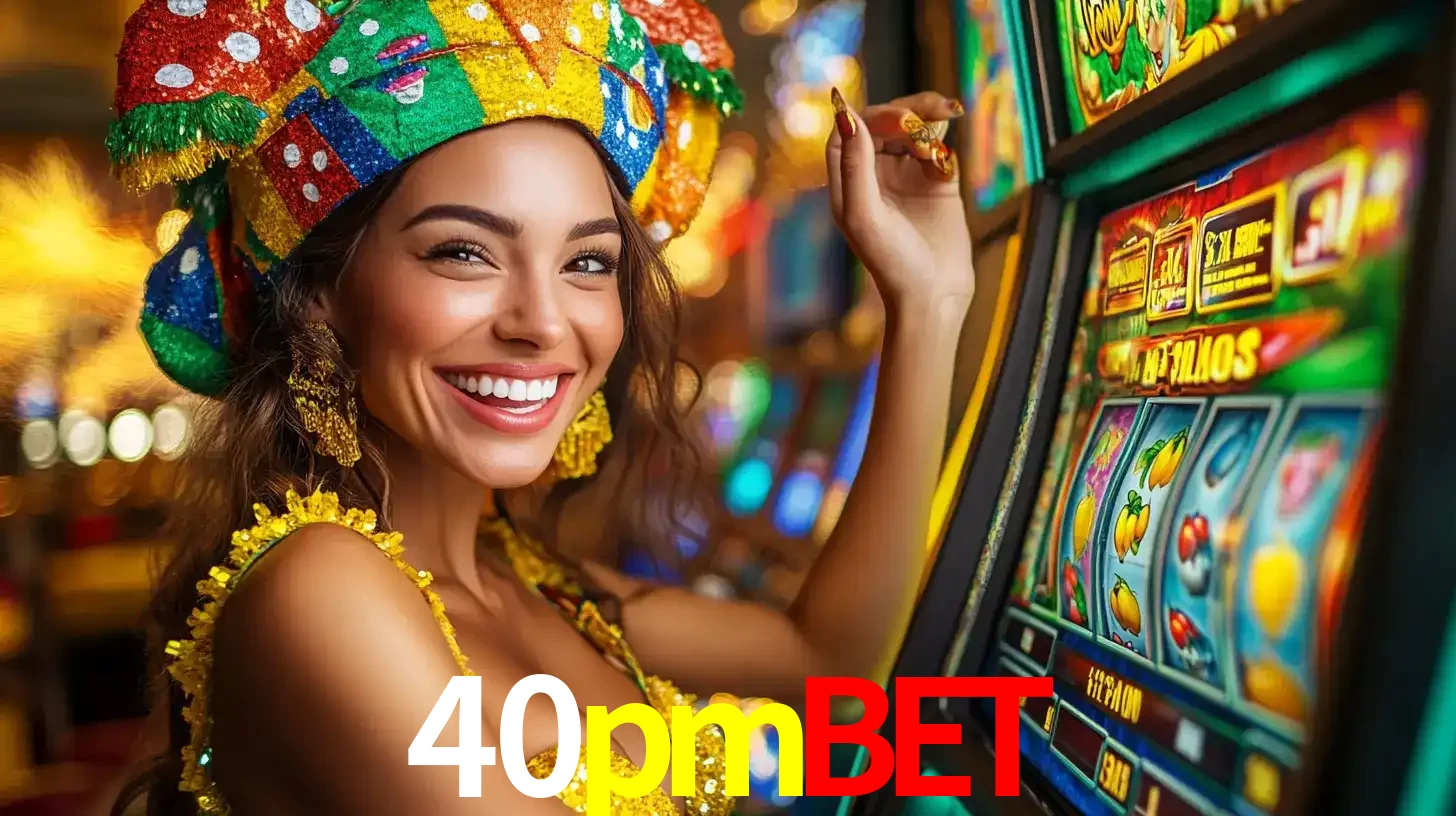 Mulher feliz com traje de carnaval amarelo e colorido ao lado de uma máquina de caça-níqueis, aproveitando a diversão e os jogos temáticos do cassino 40pmbet.