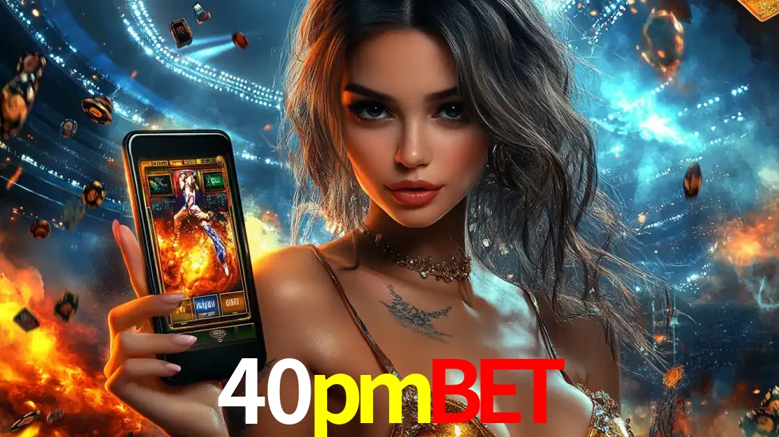 Mulher segurando um celular com um jogo de slot em destaque, tendo como fundo um estádio vibrante, simbolizando a emoção de jogar no cassino móvel 40pmbet.