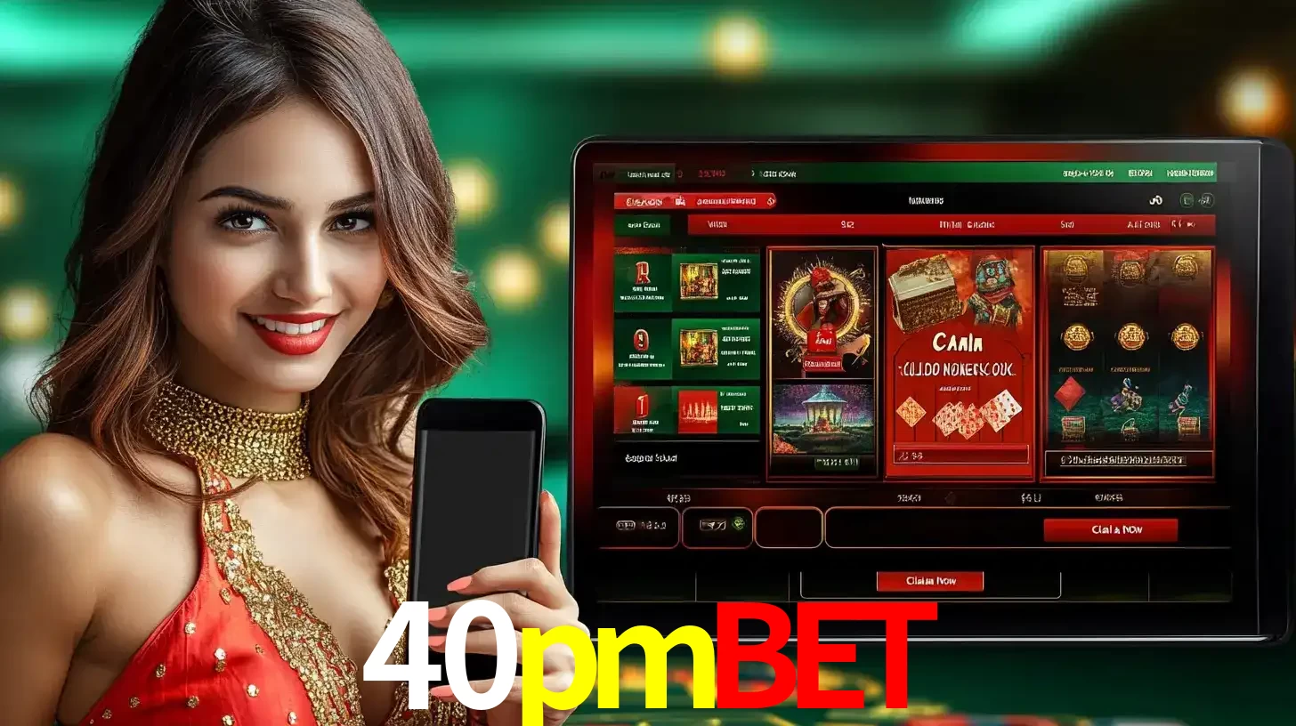 Mulher sorridente segurando um smartphone, ao lado de uma tela exibindo o lobby de jogos do cassino online 40pmbet, com várias opções de jogos de cartas e slots.